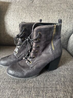 Maurices Black Lace-Up Suede Ankle Booties with Gold Zip